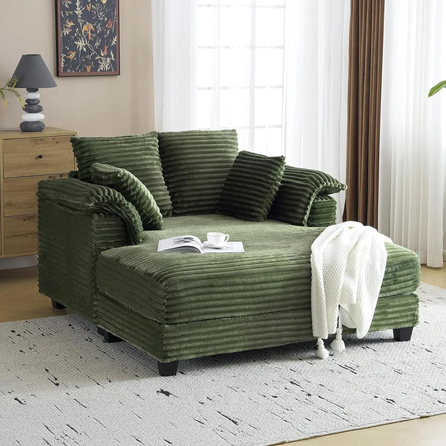 56"Oversized Chaise Lounge Chair,Beige Comfy Corduroy Chaise Sofa Recliner Bed Upholstered Sleeper Couch Bed with Throw Pillows