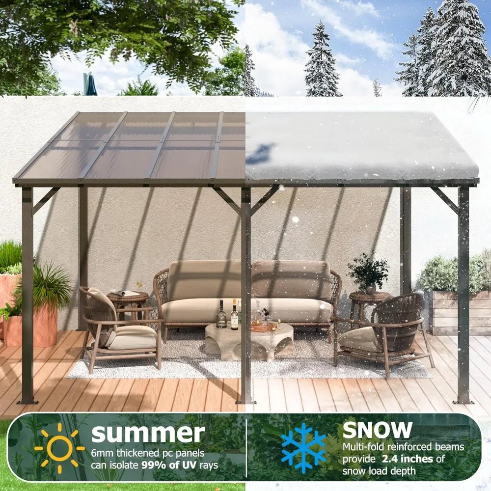10x14 FT Wall Mounted Gazebo, Lean to Gazebo Hard Top, Decks, Porch and Backyard