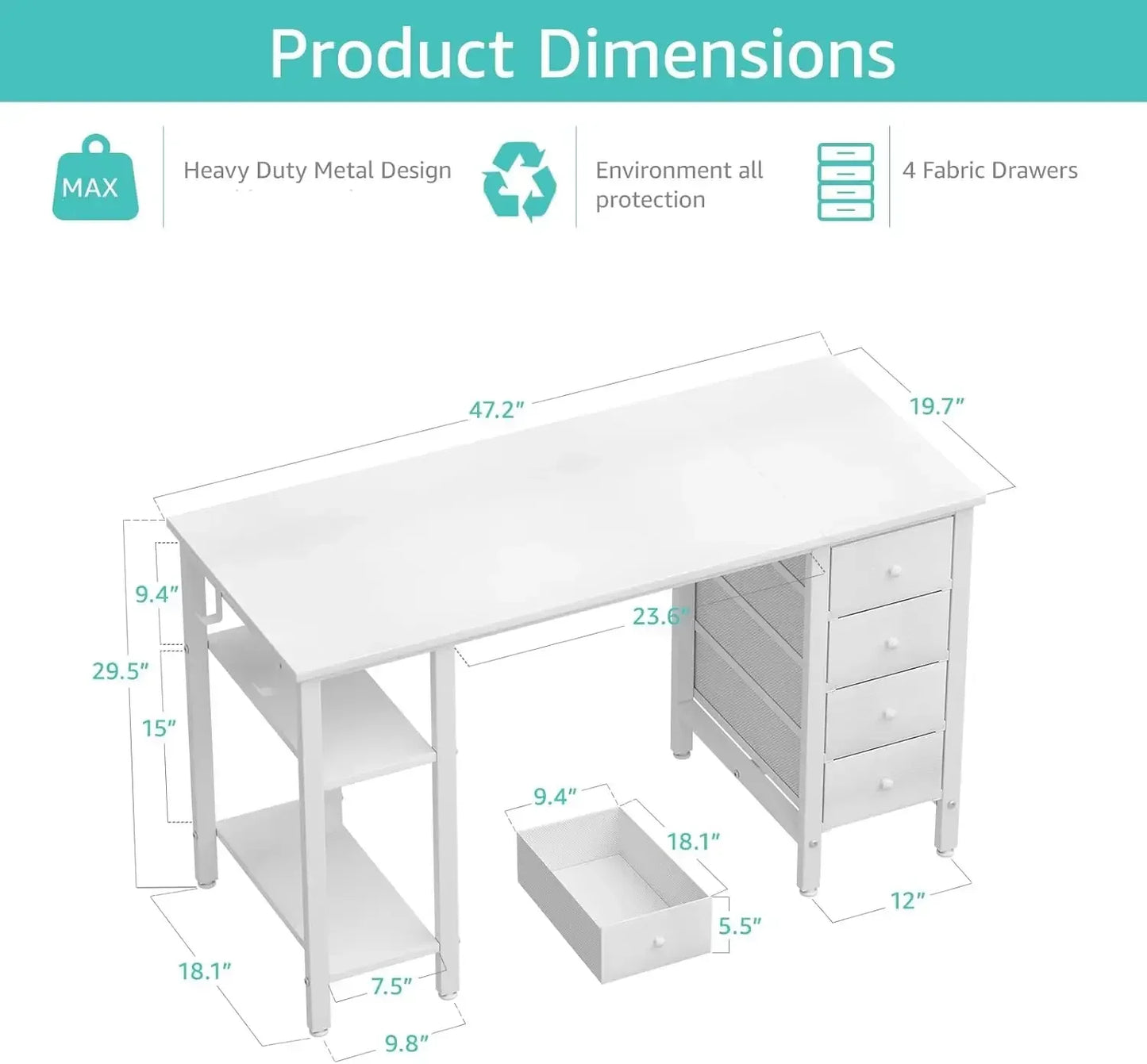 White Computer Desk with Drawers & Storage Shelves, 47 Inch Study Work Writing Desk for Home Office Bedroom