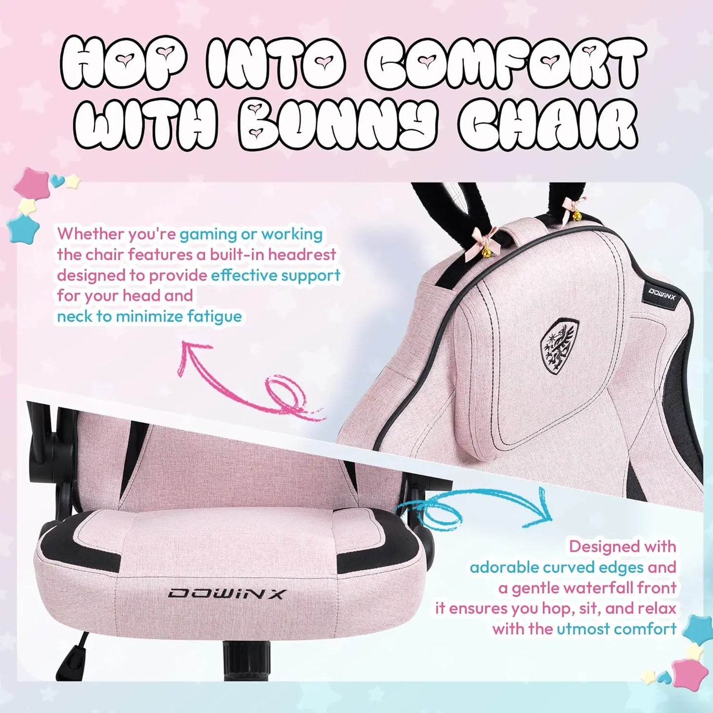 Gaming Chair with Removable Cute Bunny Ears, Desk Game Chair Adiustable Height Cloth for Girl, Ergonomic Computer Chair