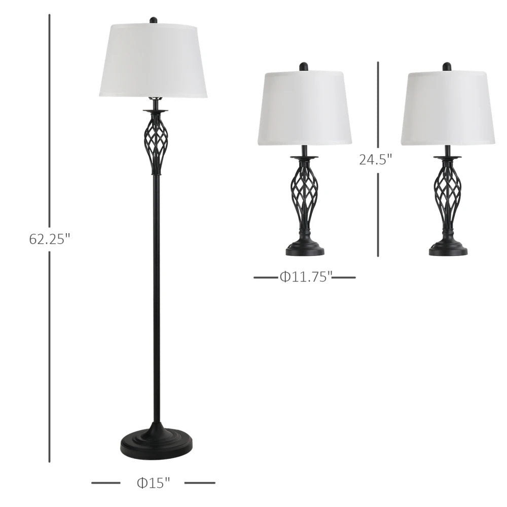 3 Piece Table Floor Lamp Mid Century Modern Lamp for Bedroom Mid-Century Lamp with Metal Pole Round Base and Fabric Lampshade