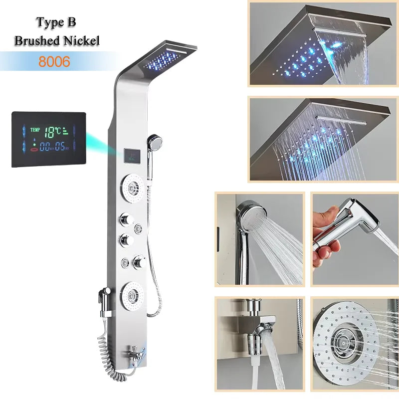 Luxury Bathroom Shower Panel Waterfall Rainfall Shower Head Hot Cold Mixer Tap Bidet Faucet with Handshower Massage Jets Spout