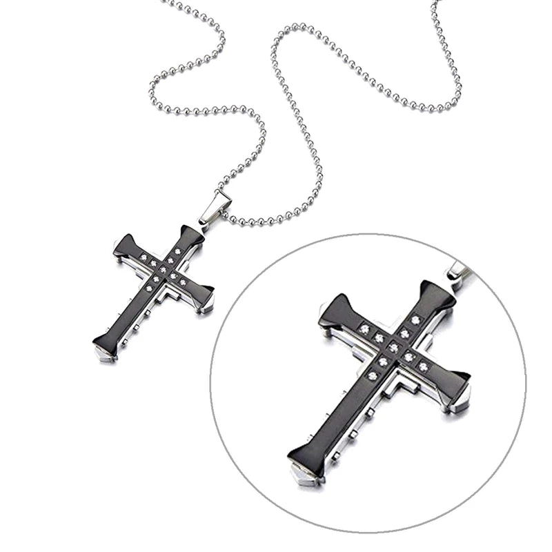 2024 New Male Crystal Cross Jesus Pendant Gold/Black/Blue Color Zirconia Cross Pendant Necklace Stainless Steel Jewelry