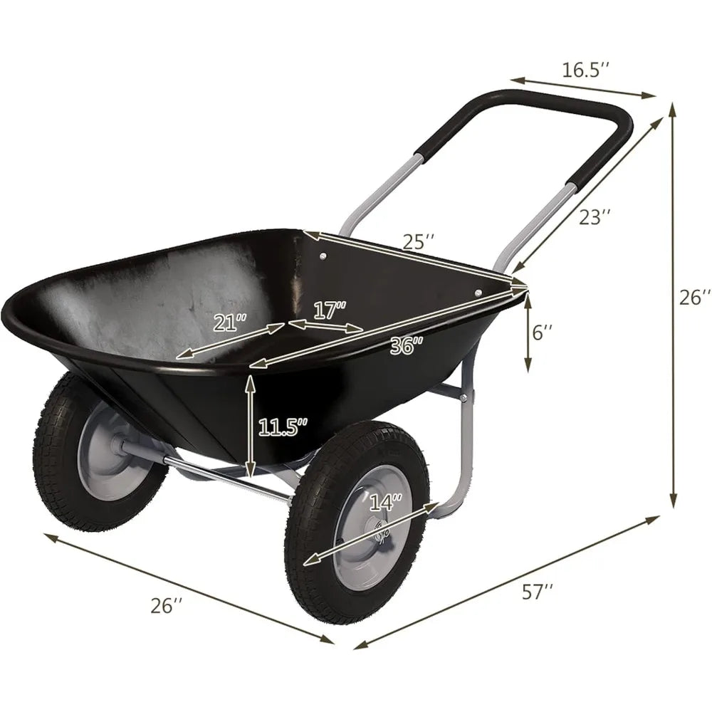 Enlarged 2-Wheel Wheelbarrow, Easy Loading and Dumping Garden Cart, Heavy Duty Utility Dump Cart for Outdoor Lawn Yard Farm Ran
