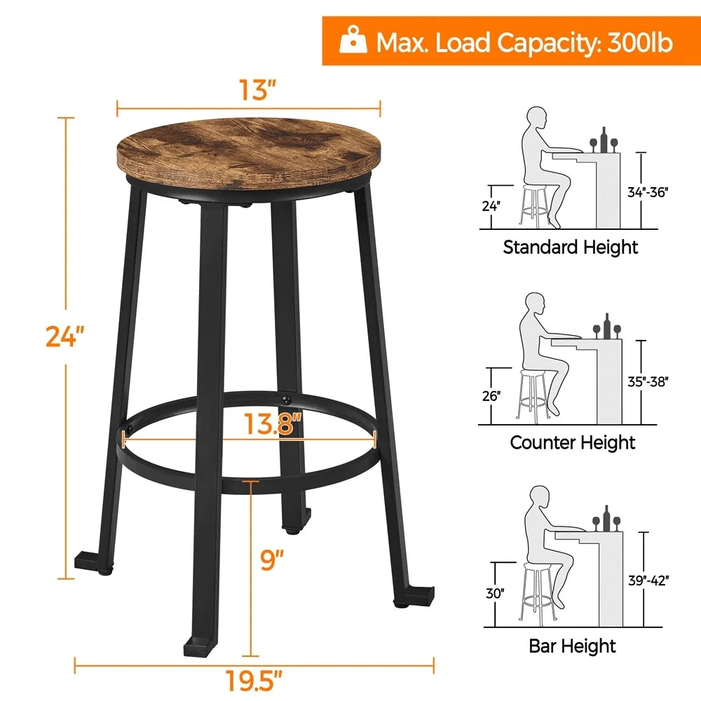 24 Inch Counter Height Bar Stool Set of 2 Metal Frame Rustic Brown Dining Room Indoor Use Stacking Stools