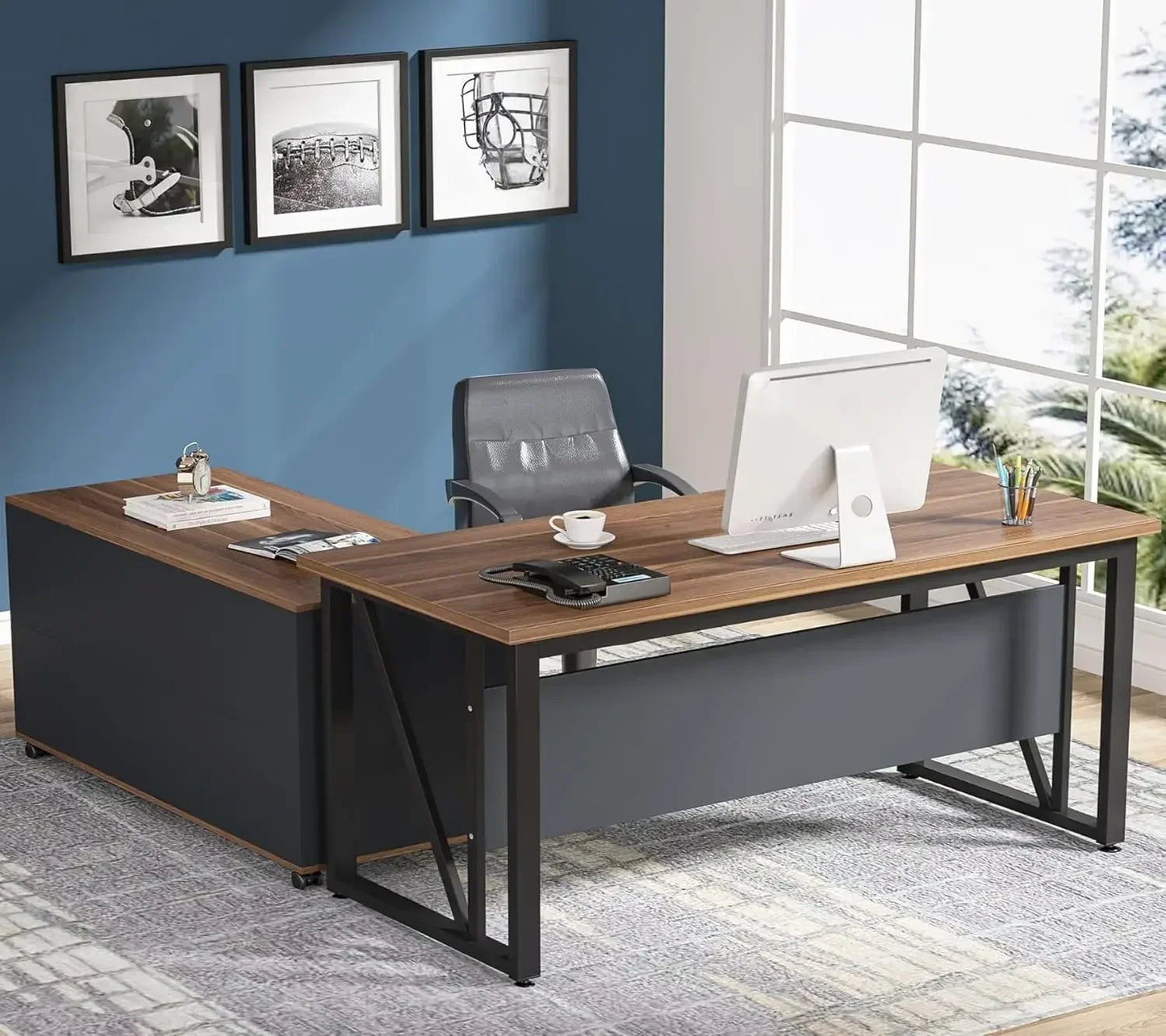 55 inches Executive Desk and 43" lateral File Cabinet, L-Shaped Computer Desk with Drawers Storage Shelves Office Table(Walnut)