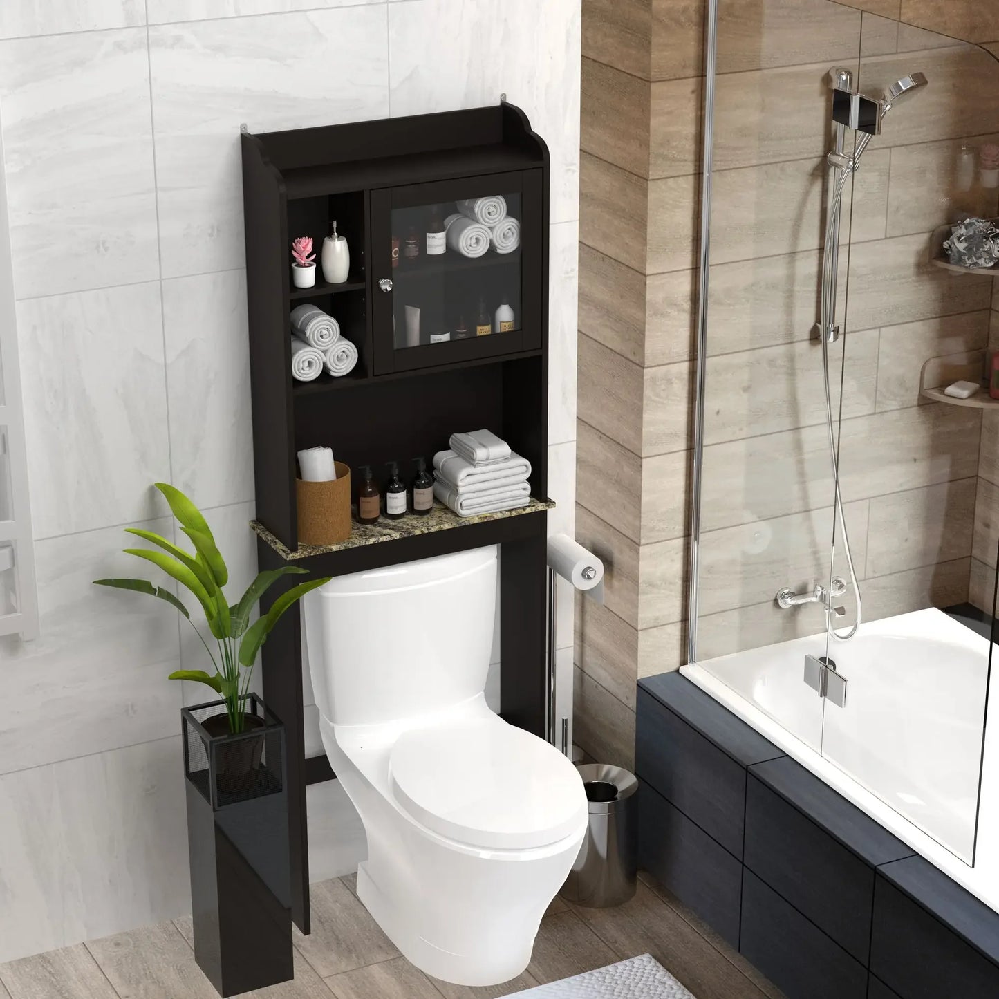 Modern Over The Toilet Space Saver Organization Wood Storage Cabinet for Home, Bathroom Shelves
