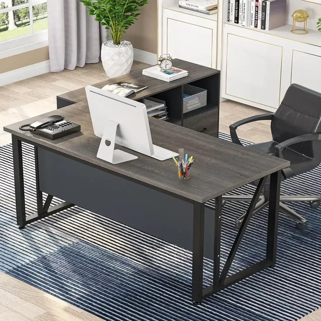 55 inches Executive Desk and 43" lateral File Cabinet, L-Shaped Computer Desk with Drawers Storage Shelves Office Table(Walnut)