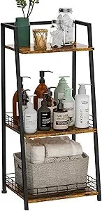 3-Tier Bathroom Shelf with Fence, Retro Bathroom Organizers and Storage Stand, Wood Shelving Unit with Metal Frames, Classic Ope