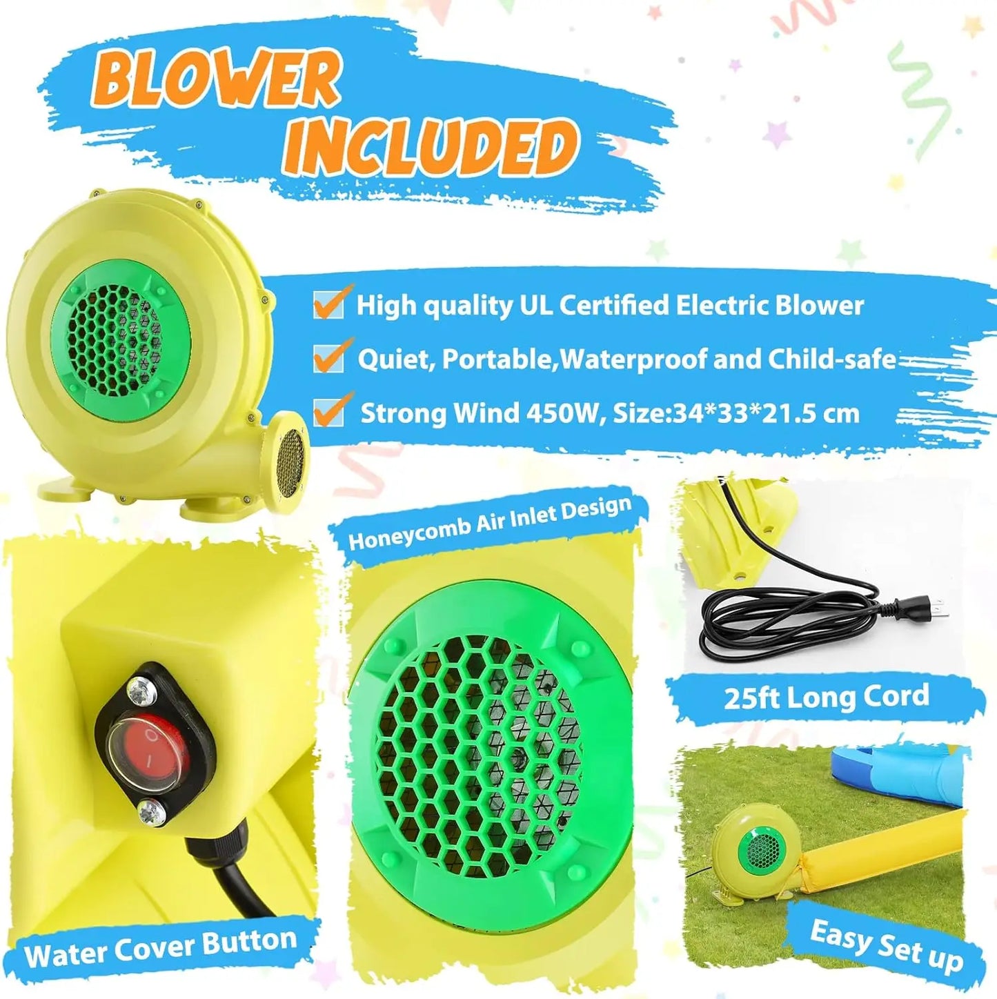 Bounce House,Inflatable Bounce Castle with Blower for Kids 3-12,Outdoor/Indoor Bouncy House Water Park for Backyard with 2 Splas