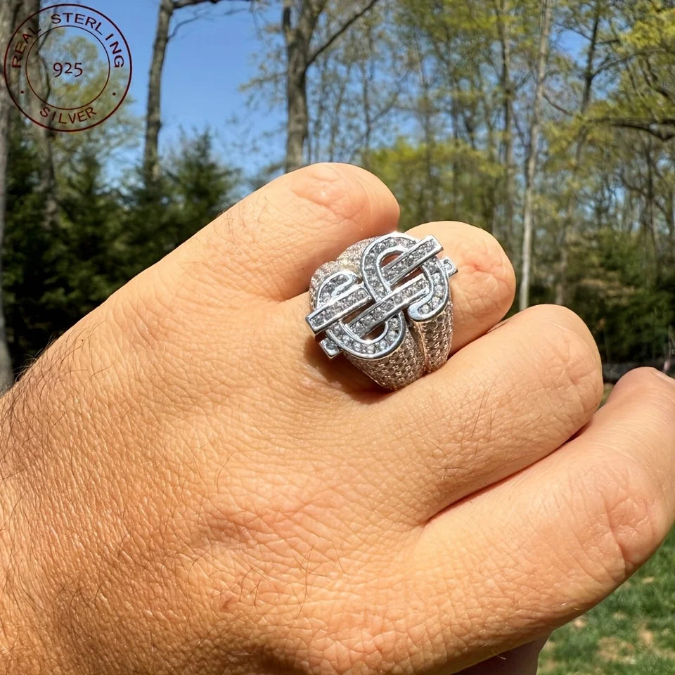 Men‘s 925 Sterling Silver Iced Out Money Dollar Sign Ring Hip Hop Style 14K White Gold Plated Jewelry