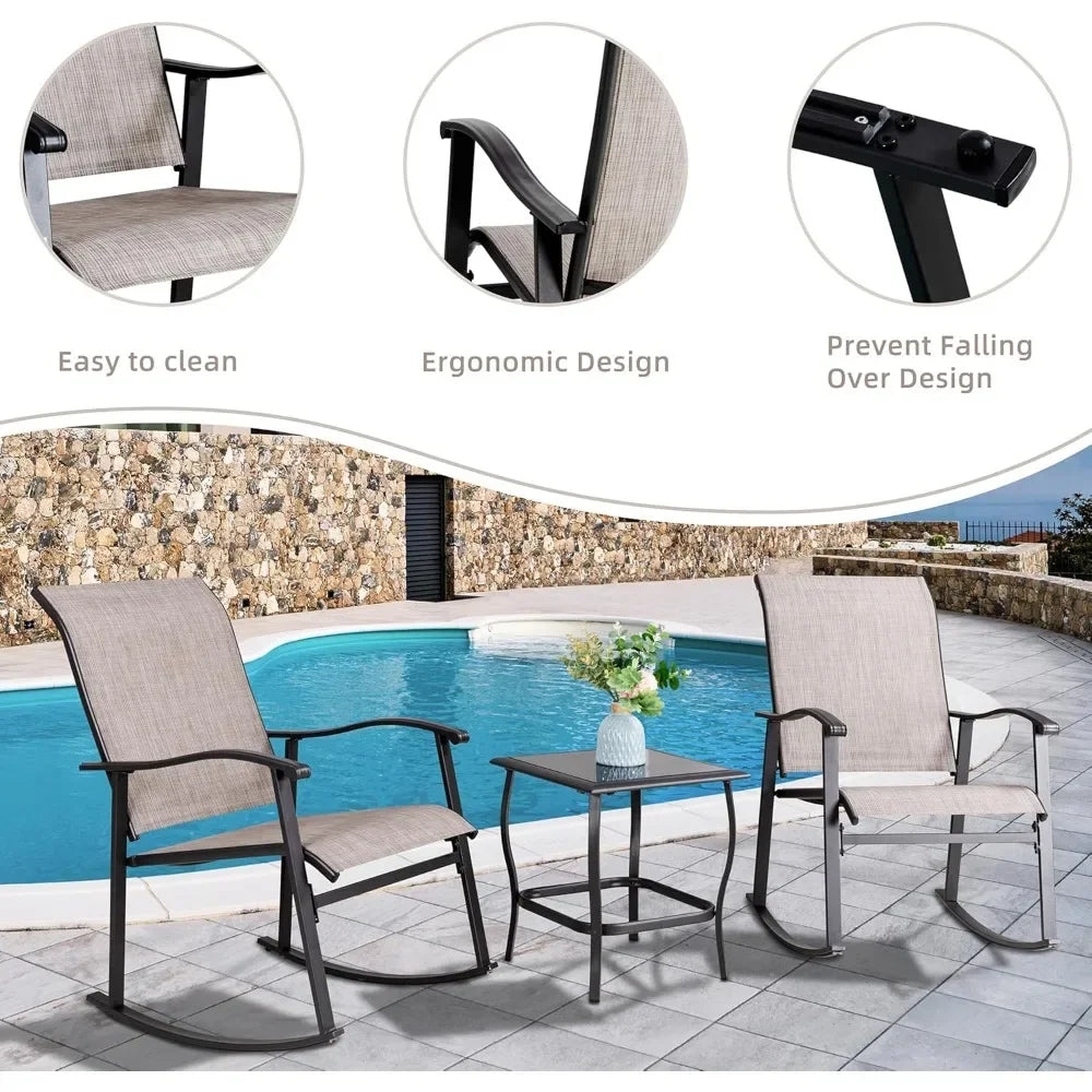 3 Piece Outdoor Rocking Bistro Set, Textilene Fabric Small Patio Furniture Set, Front Porch Rocker Chairs Conversation Set with