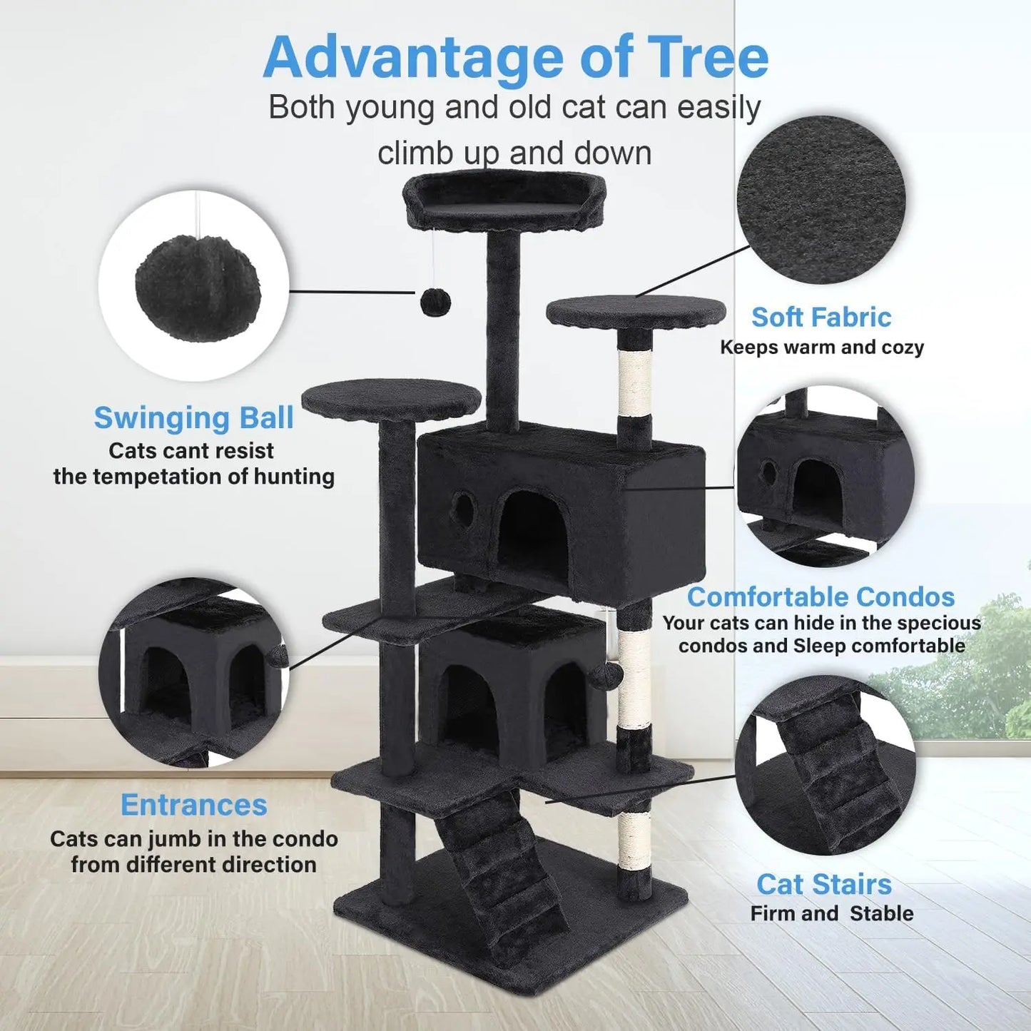 Cat Tree 54in Cat Tower Multi-Level DurableScratching Post & Cozy Fun Jumping Platform Space Saving Condo Pet Play