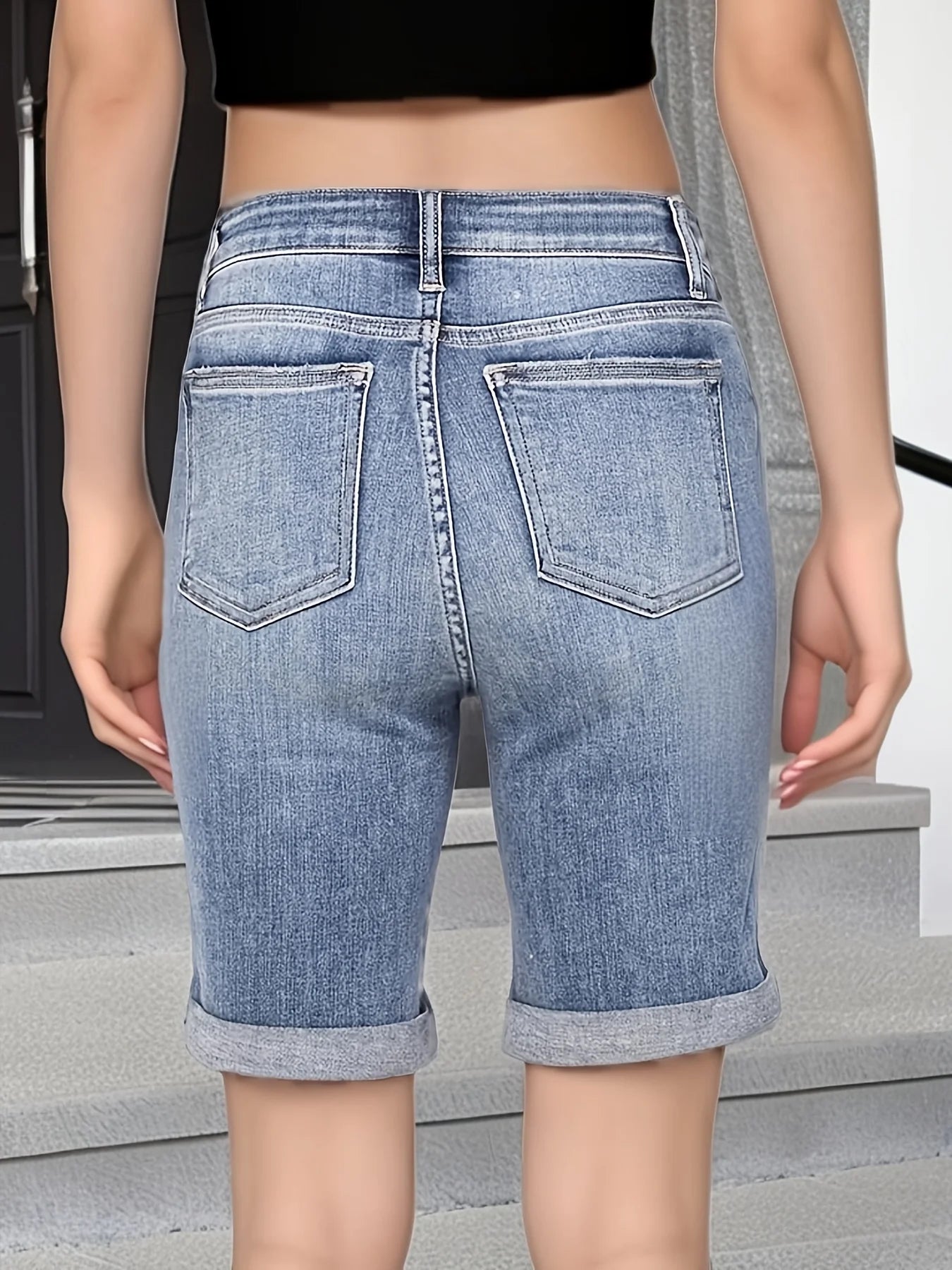 Summer New Women's Mid-Waist Denim Shorts Elastic Straight Slim Jeans Curled Design Shorts