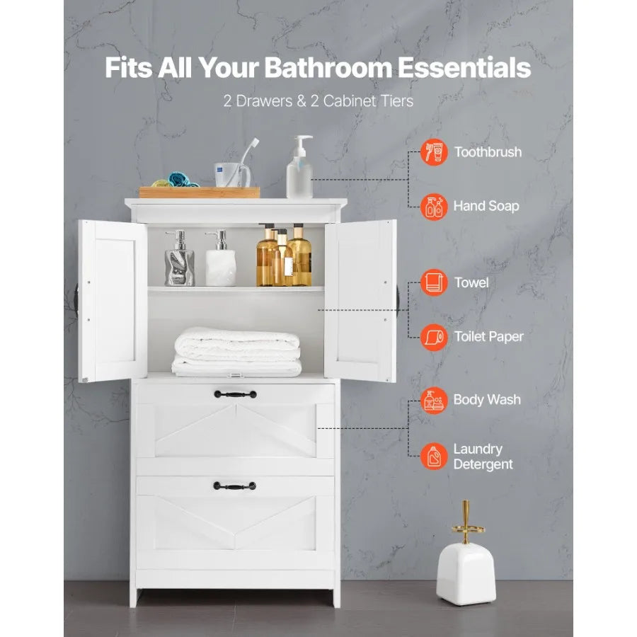 Wooden Bathroom Floor Cabinet Storage 2 Drawers and Adjustable Shelf White