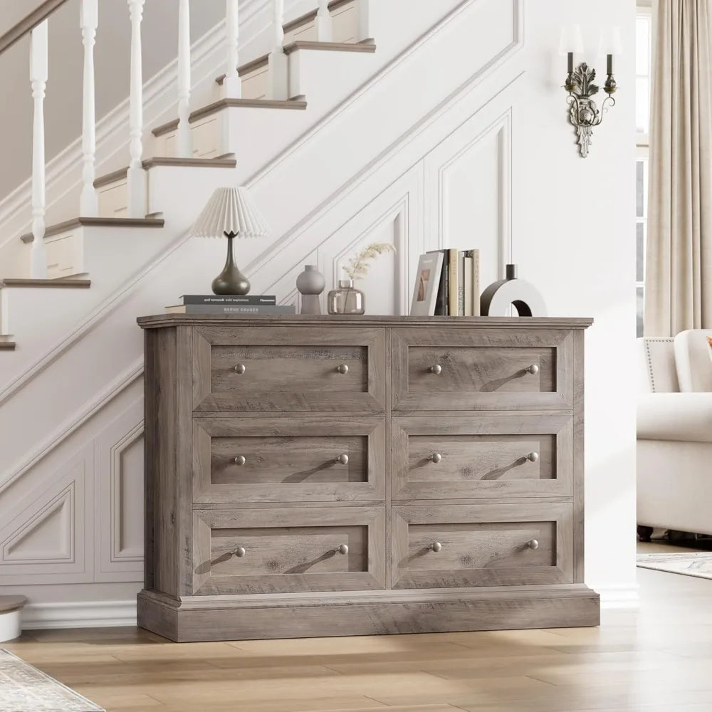 Modern 6 Drawer Double Dresser, Wood Dresser Chest, Wide Chest of Drawers with Deep Drawers & Mental Double Handles for Hallway
