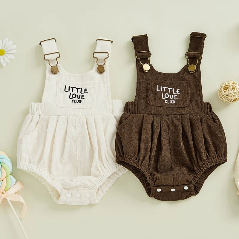 Infant Boys Girls Sleeveless Round Neck Letter Embroidery Rompers with Pleated Detailing - Cute Overalls for Babies