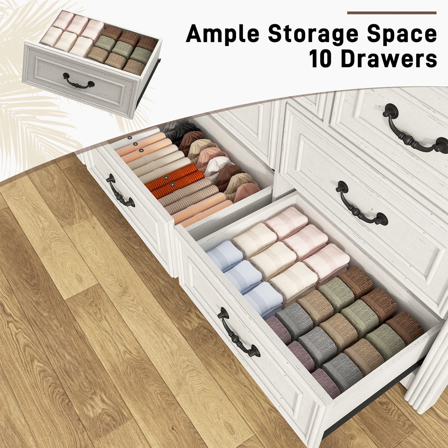 Farmhouse 10 Drawer Dresser for Bedroom, 63” Wood Chest of Drawers with Rustic Handles, Wide Closet Dressers Organizer