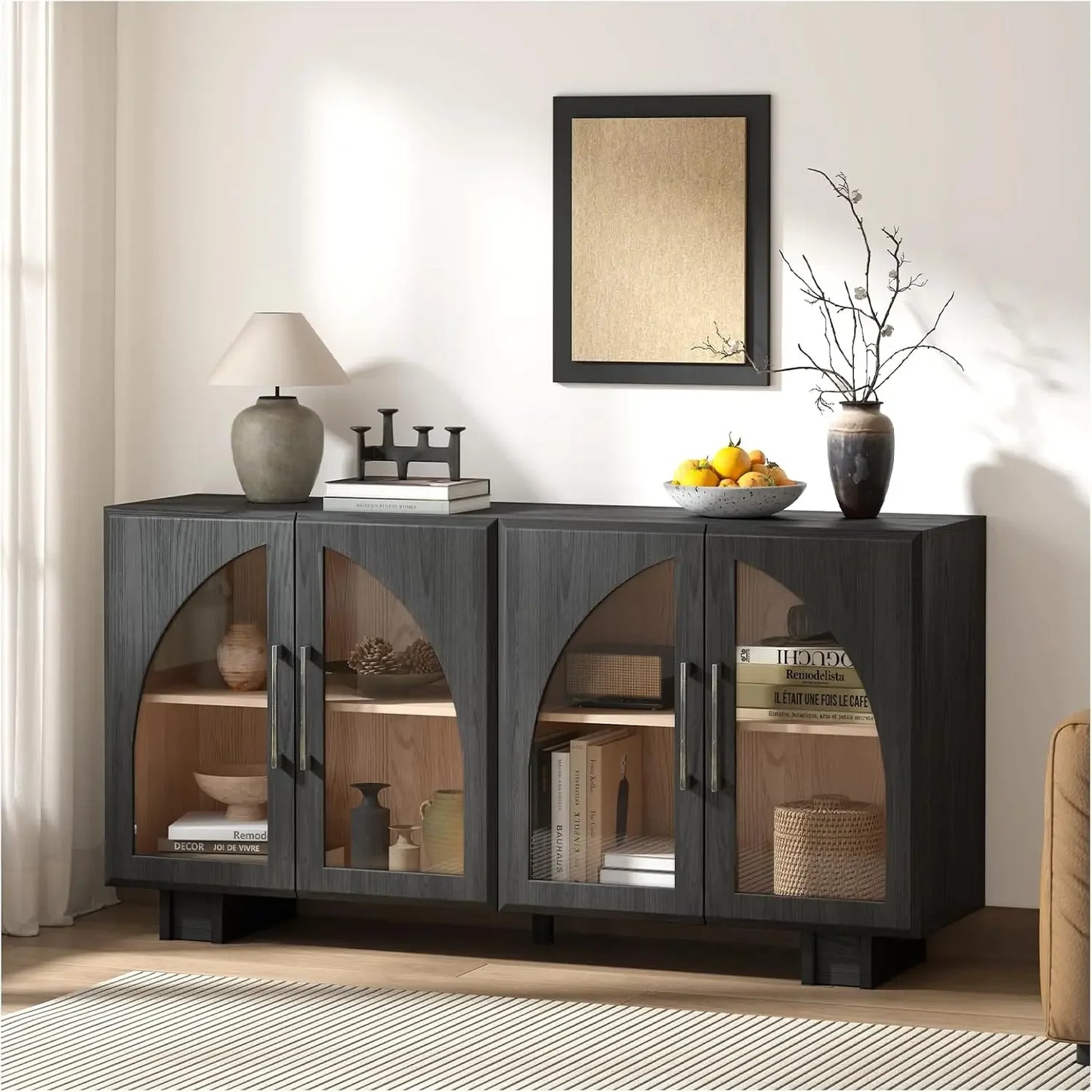 Modern Accent Cabinet , 63 '' Sideboard Buffet Cabinet with Storage, Large Sideboard with 4 Glass Doors, Black Credenzas