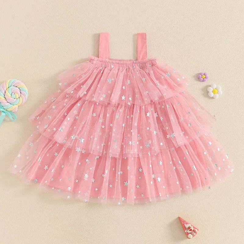 Kids Girls Dress Flower Decor Sequins Star Sleeveless Layered Tulle Casual Dress Toddler Summer Dress