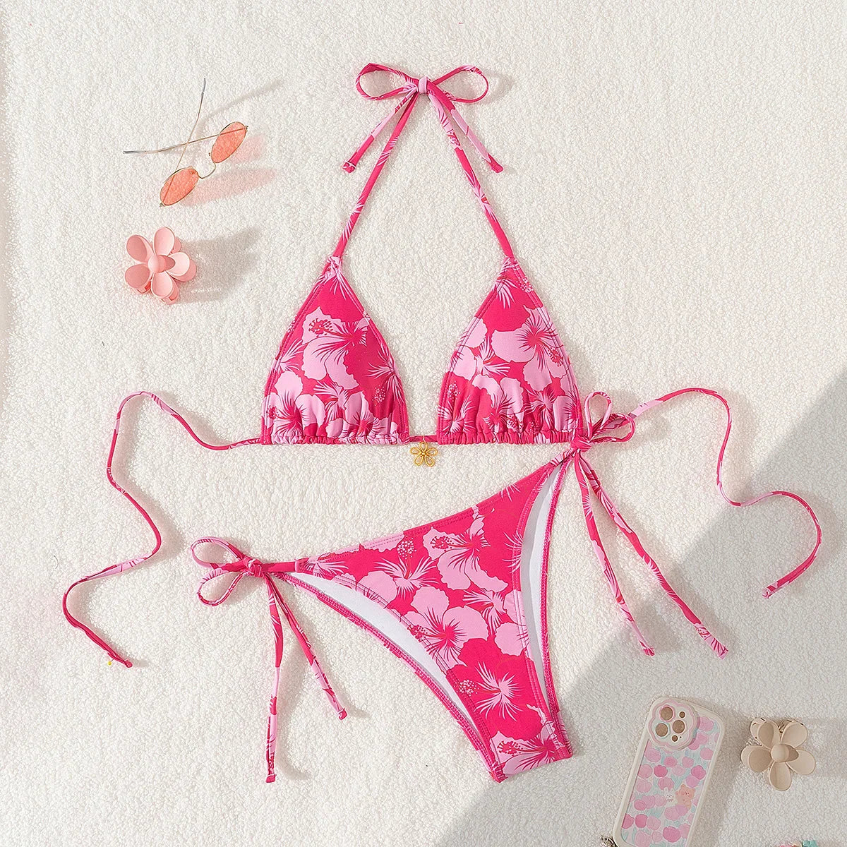 2025 New Summer Swimwear Bikini Set Sexy Print Backless Bikini 2 Piece Set Women Laced Up Split Swimsuit High Waist Beach Bikini