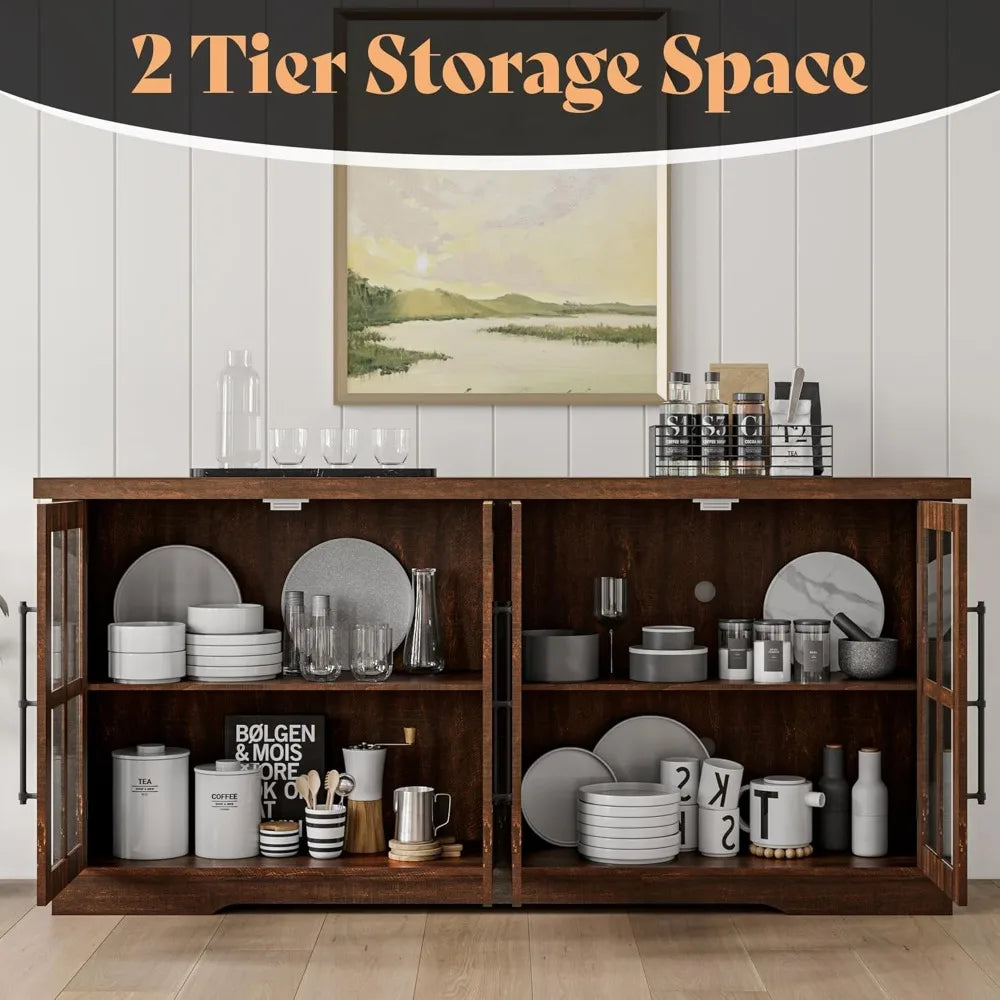 Farmhouse 63" Buffet Sideboard Cabinet with Glass Door, Large Storage Cabinet with Adjustable Shelf, Wooden Coffee Bar Station