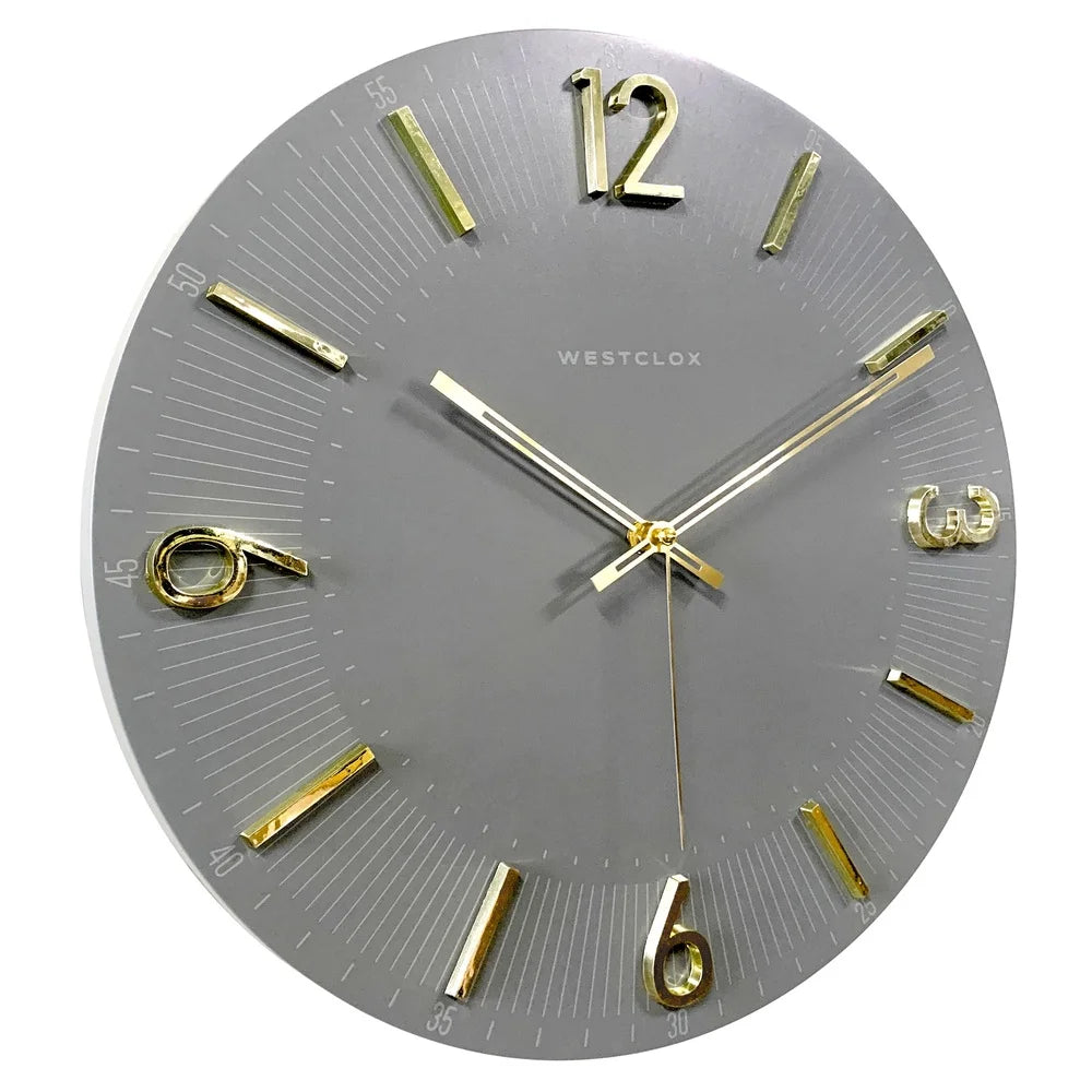 Contemporary 16 Inch Analog Wall Clock Gray with Raised Gold Numbers Quartz Movement Home Office Decor
