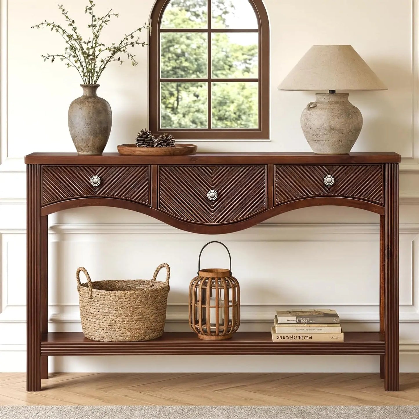 52" Fluted Solid Wood Veneer Console Table with 3 Drawers, Retro Entryway Sofa Table with Scalloped Edge & Solid, Customized