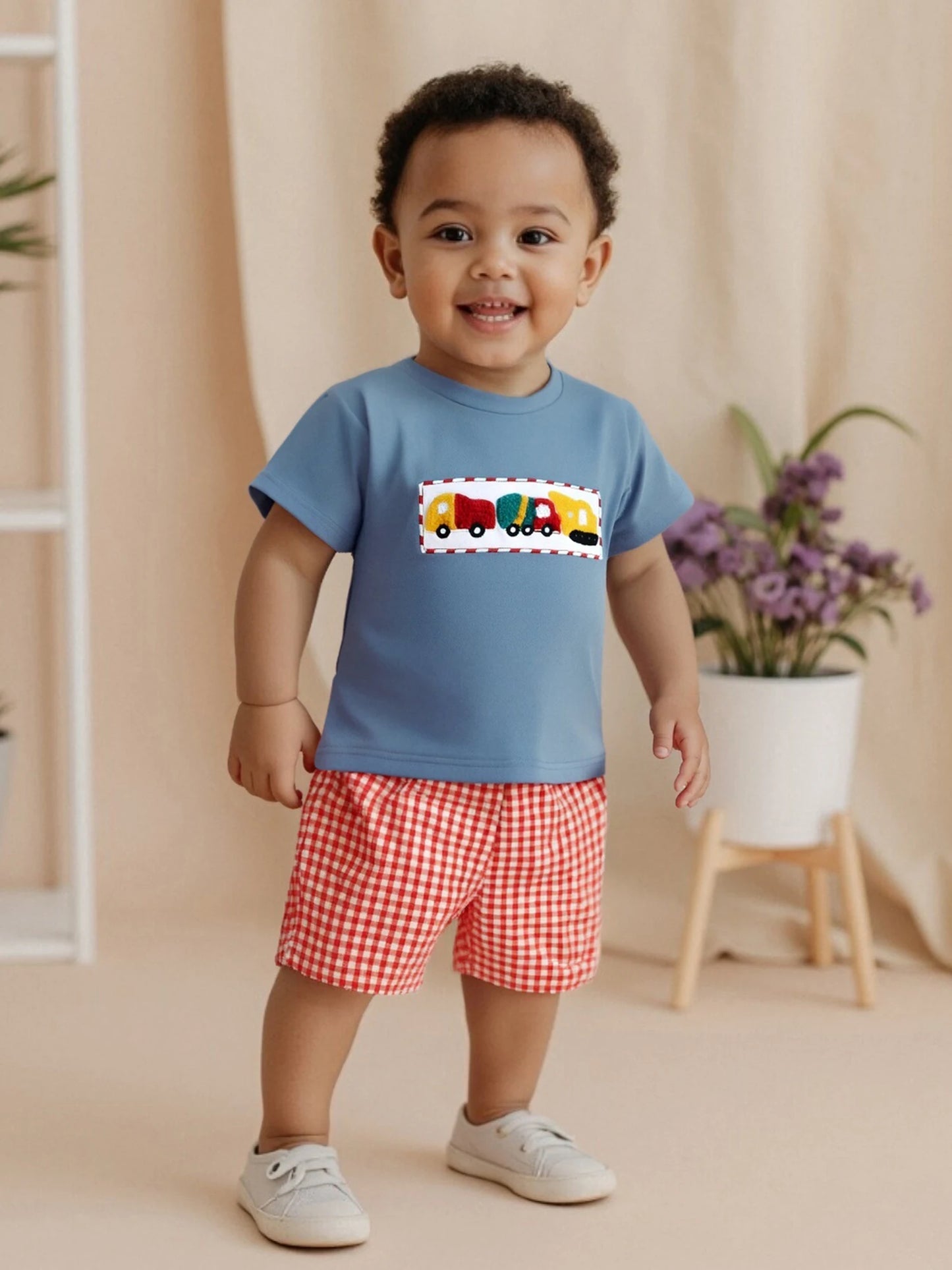 Adorable Toddler Boy s Summer Outfit Dinosaur Print Short Sleeve T-Shirt with Denim Shorts Set for Playtime Fun