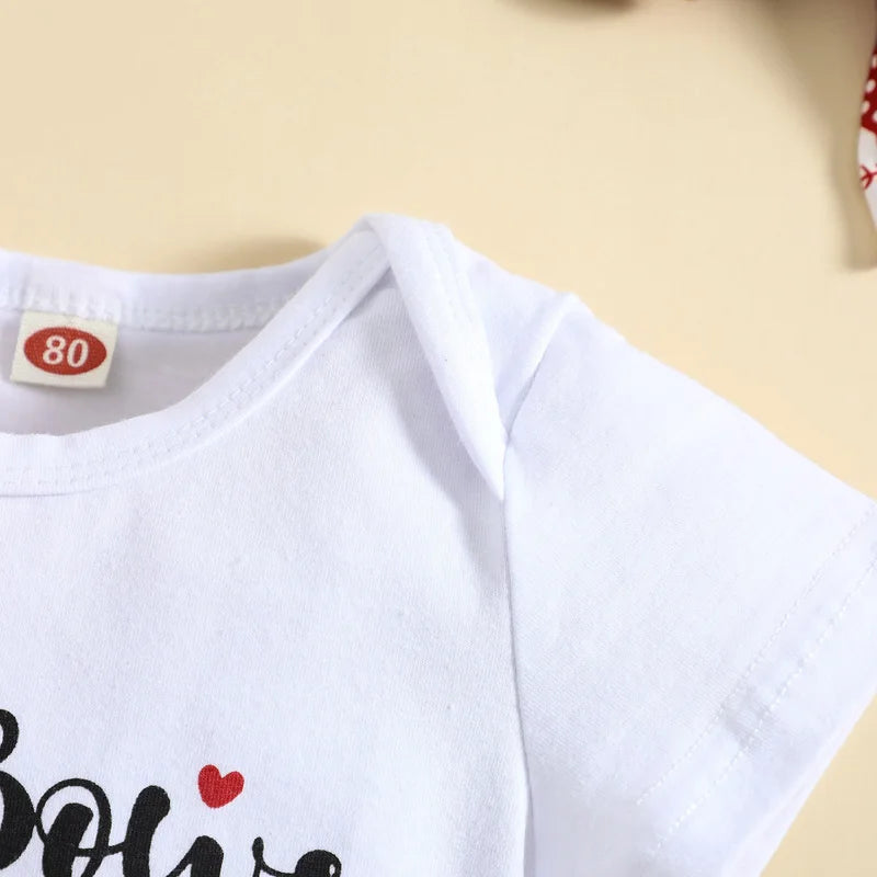 3 Pcs Newborn Casual Outfits Toddler Letter Print Short Sleeve Round Neck Bodysuit Baseball Print Shorts Bow Headband
