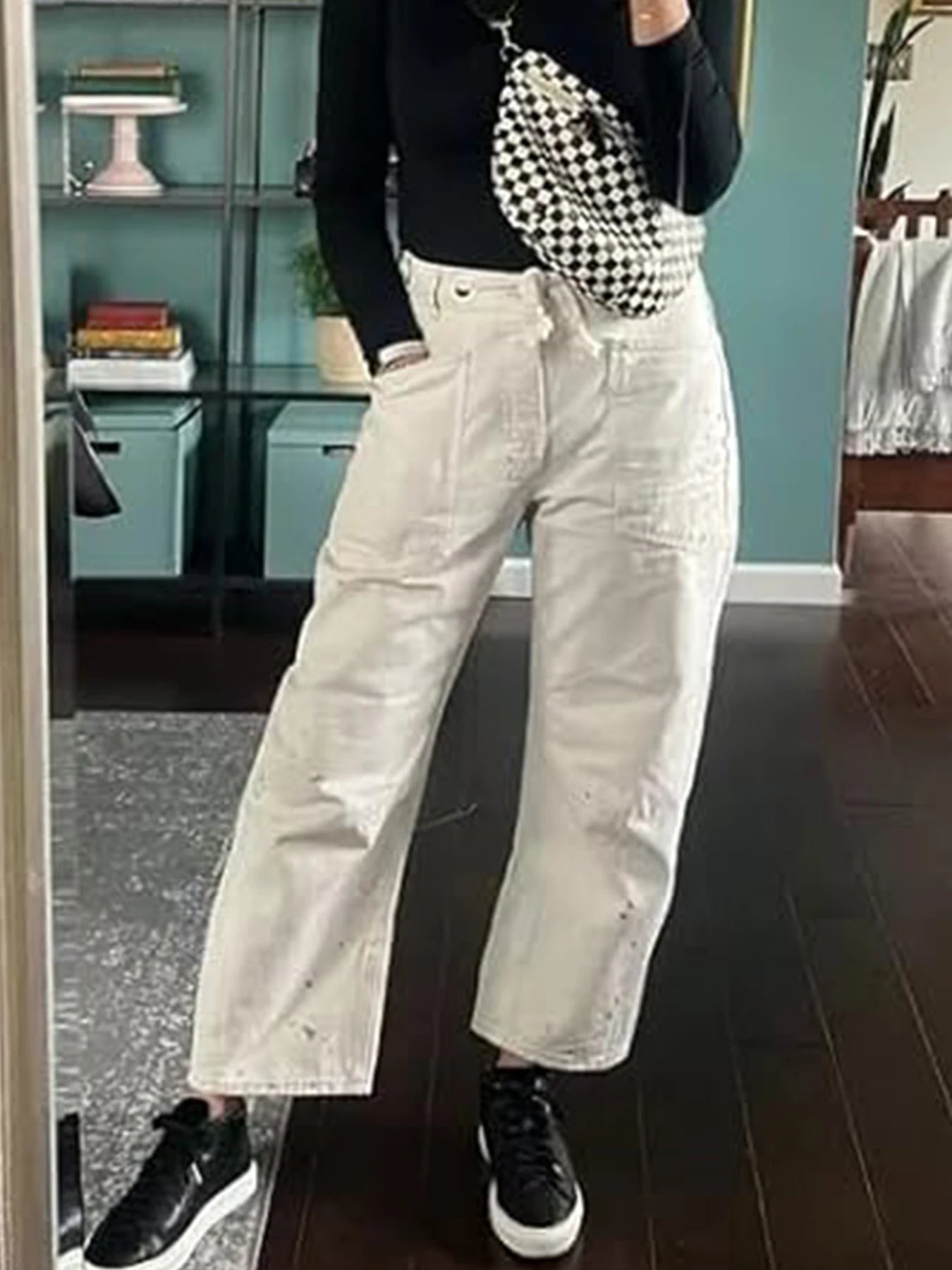 Women's White Loose Straight Leg Spliced Wide Leg Jeans with Drawstring and Pocket, Fashionable Casual Jeans Suitable for Daily