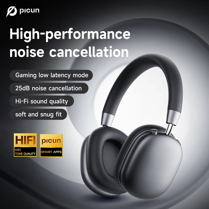 Picun F5 ANC Wireless Bluetooth 5.3 Headphones Hi-Res Audio Over Ear Headset 25dB Adaptive Noise Cancellation Earphones 50H