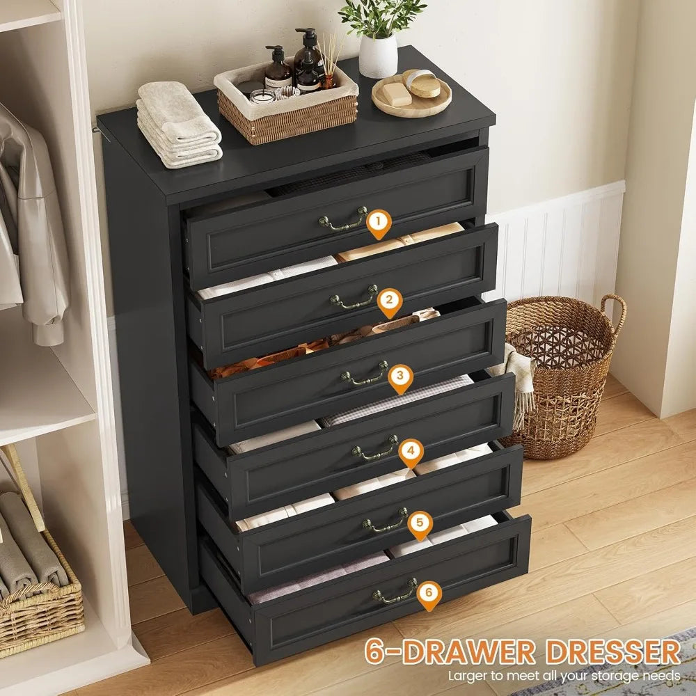 Farmhouse 6 Drawers Dresser for Bedroom,51.2" Tall Rustic Wood Chest of Drawers,Large Storage Chest with Vintage Metal Handles,