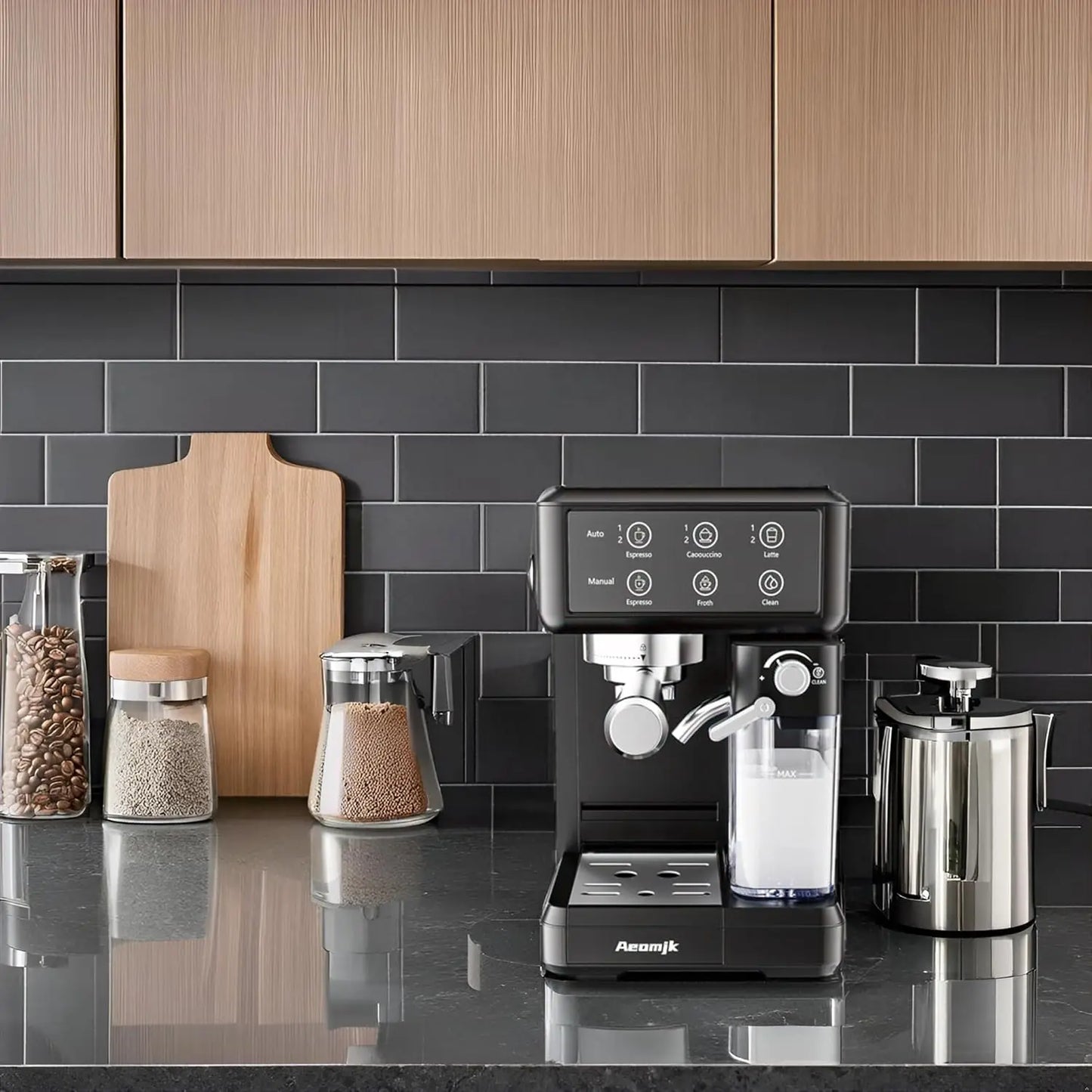 Aemojk Expresso and Cappuccino Coffee Machine, One-Touch Operation, Suitable Office Coffee Maker, with Automatic Milk Frother, 2