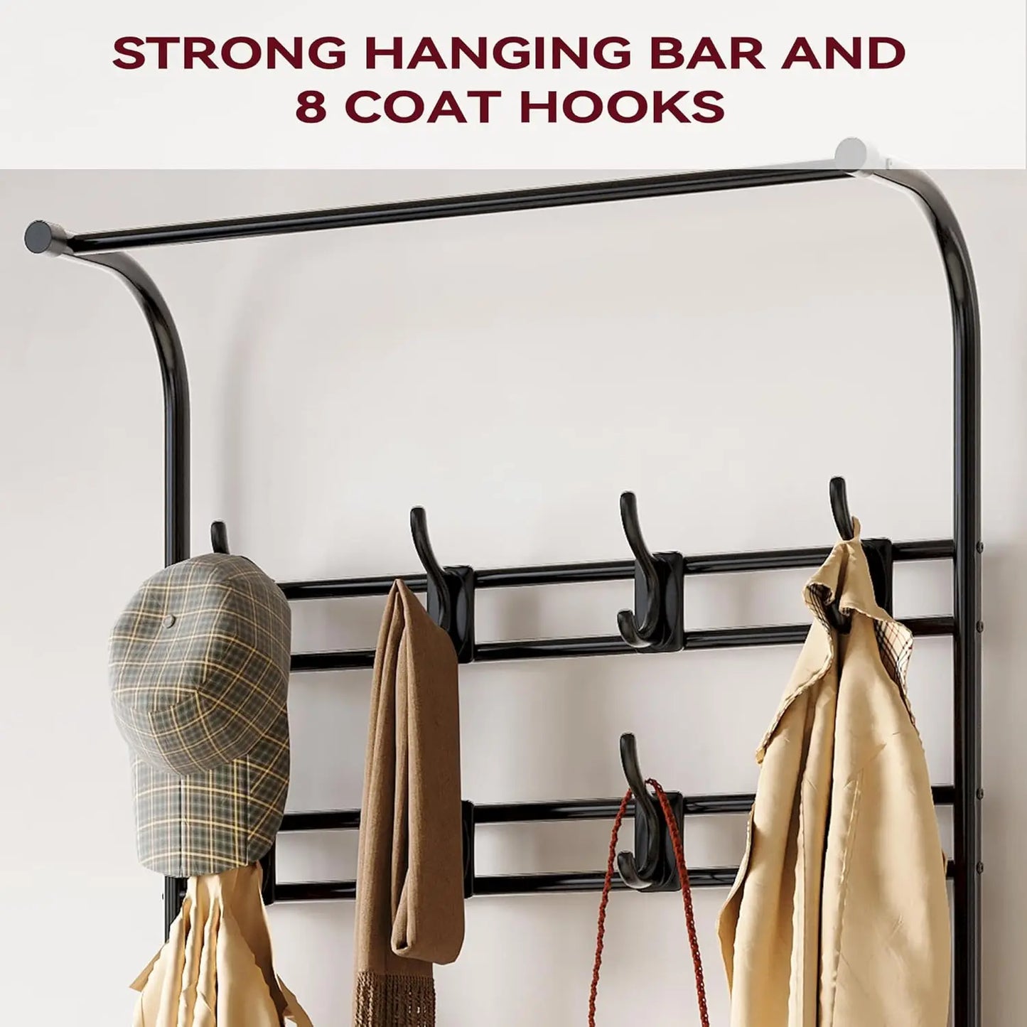 3-in-1 Hall Tree Shoe Rack for Entryway, Coat Tree with 3-Tier Storage Shelf and 8 Hooks, Multifunctional Hallway Organizer