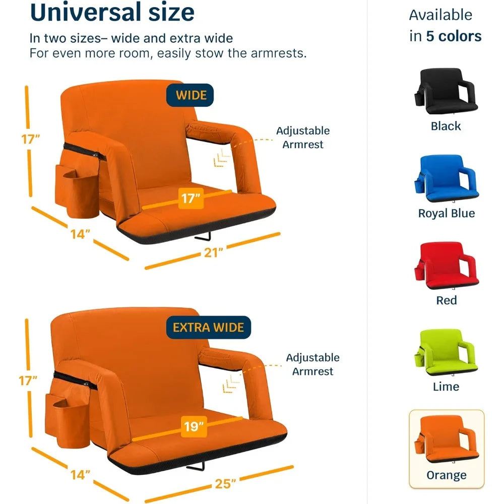 NEW Reclining Stadium Seat – Wide Bleacher Chair with Back Support and Cushion, Armrests, Side Pockets, and Bleachers Hook