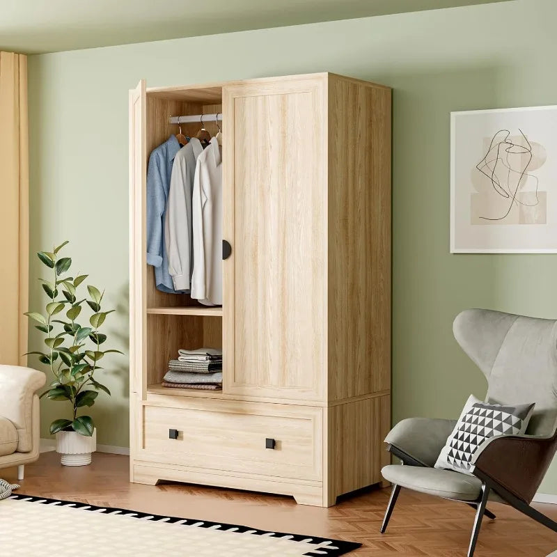 VINGLI Armoire Wardrobe Closet With Doors, Hanging Rod, Shelves and Drawer - Freestanding Cabinet,Dorm - Oak,38"Wx21"Dx65" H