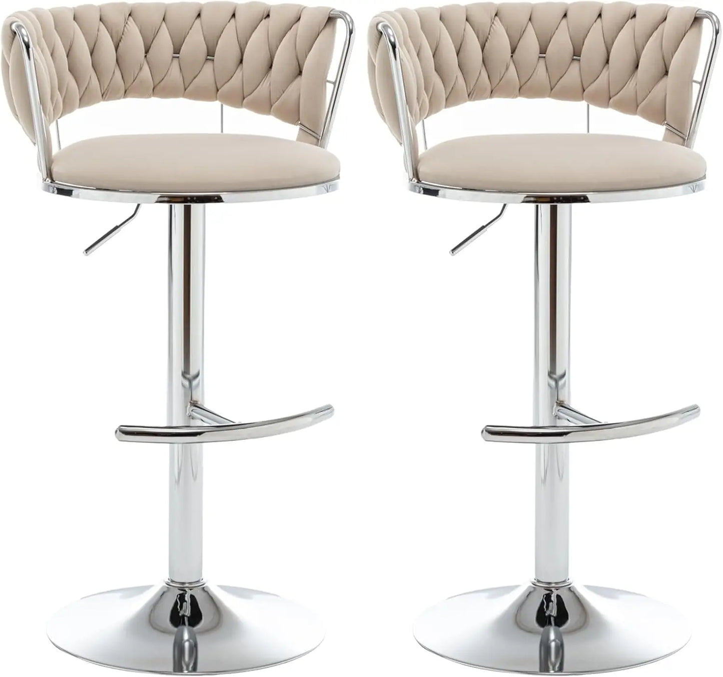 Gold Bar Stools Set of 4, Velvet Swivel Barstools with Woven Backrest, Adjustable Bar Chairs for Kitchen Island, Dining Room