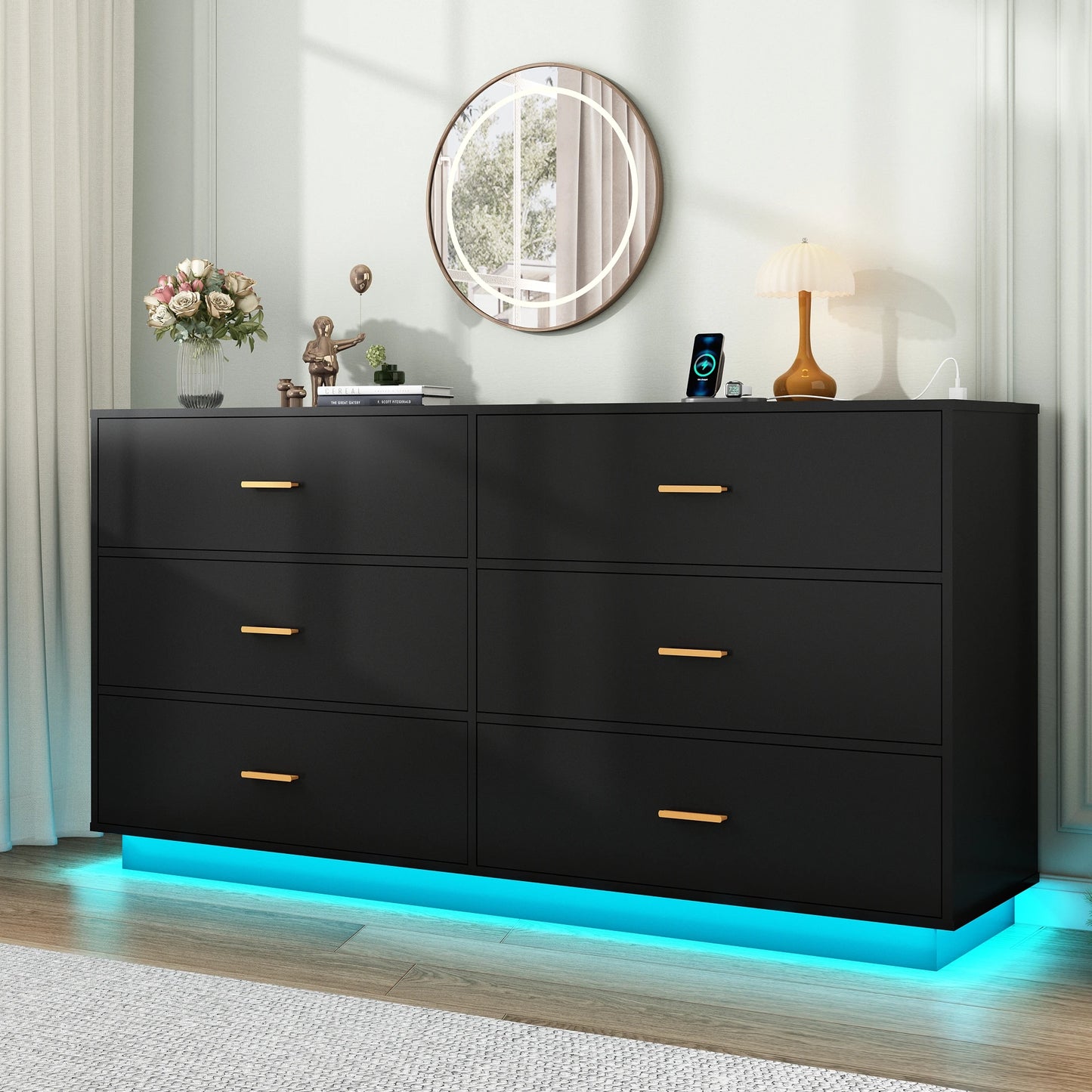 6 Drawers Dresser w/Power Outlet, 59" Long Wooden Dresser Chest, 60000-Colors Lights for Bedroom, Metal Handles of Drawers
