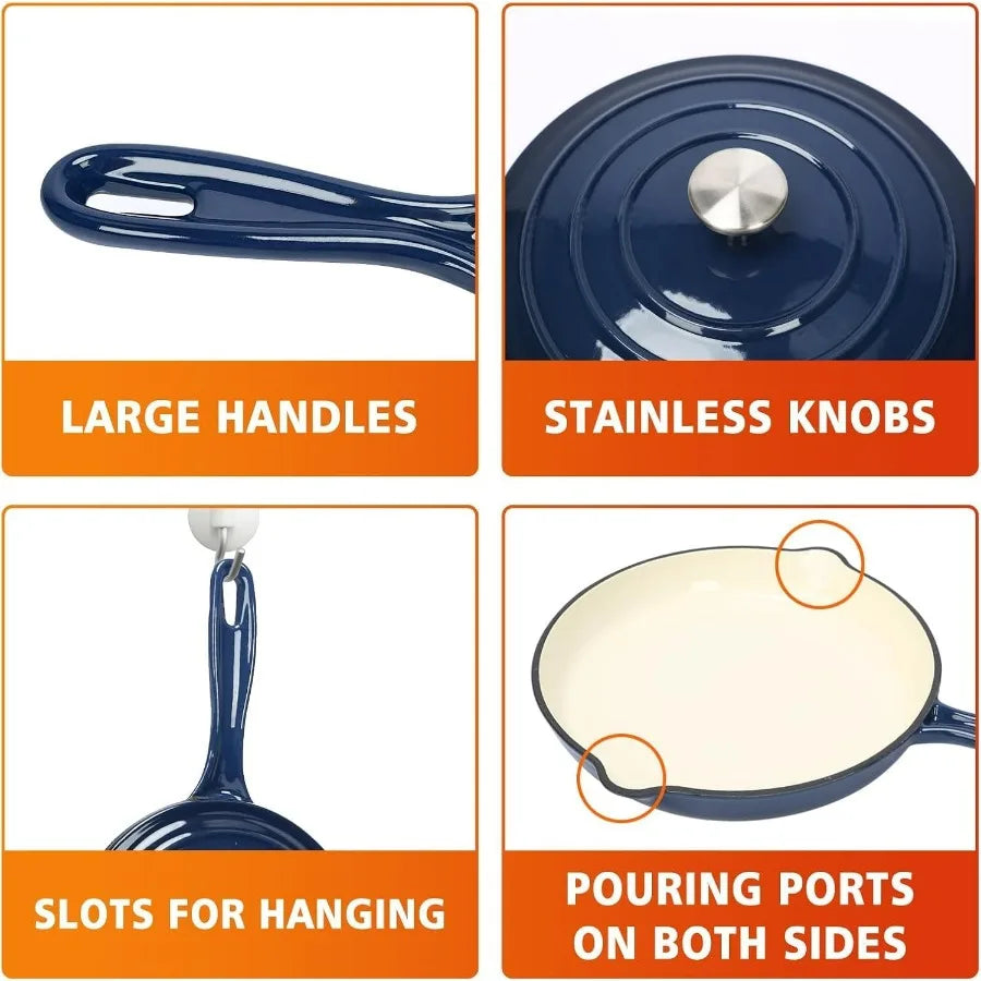 Enameled Cast Iron Cookware Set - 7 Piece Set of Dutch Ovens, Sauce Pan, Skillet, 3 Lids, Dutch Oven Set, Ceramic Coated Cast Ir