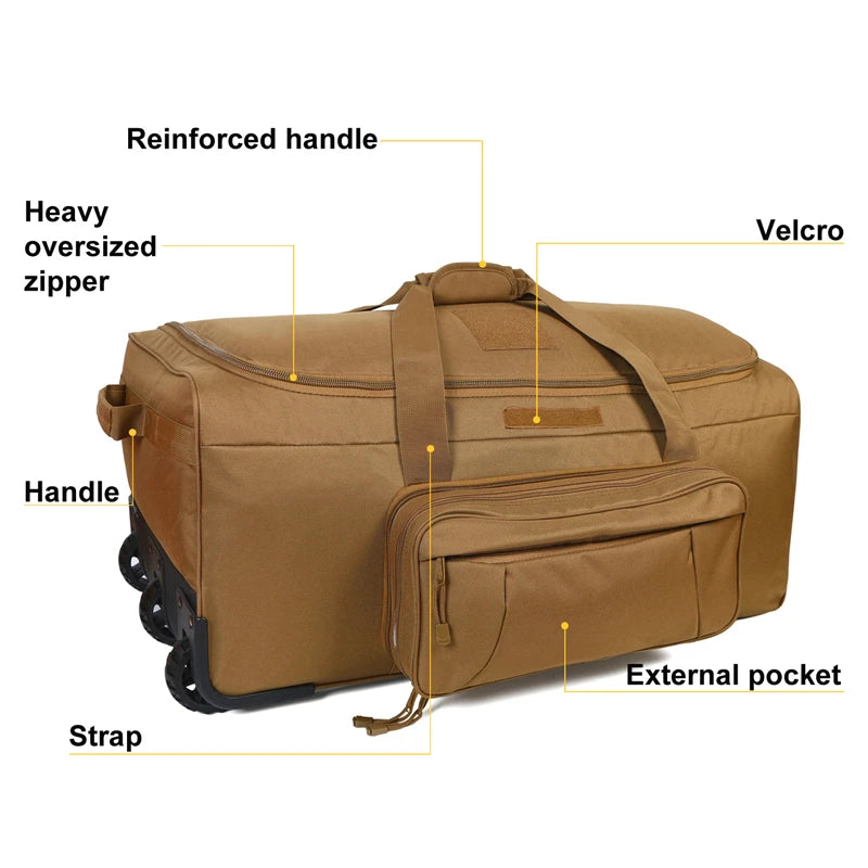 Large Capacity Military Tactical Travel Bag Wheeled Deployment Trolley Duffel Bag Heavy-Duty Camping Hiking Running Trekking