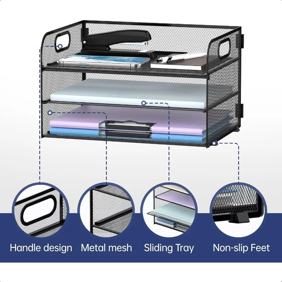 3 Tier Paper Organizer With Handle Mesh Desk Letter Tray File Organizer for A4 Folder Black