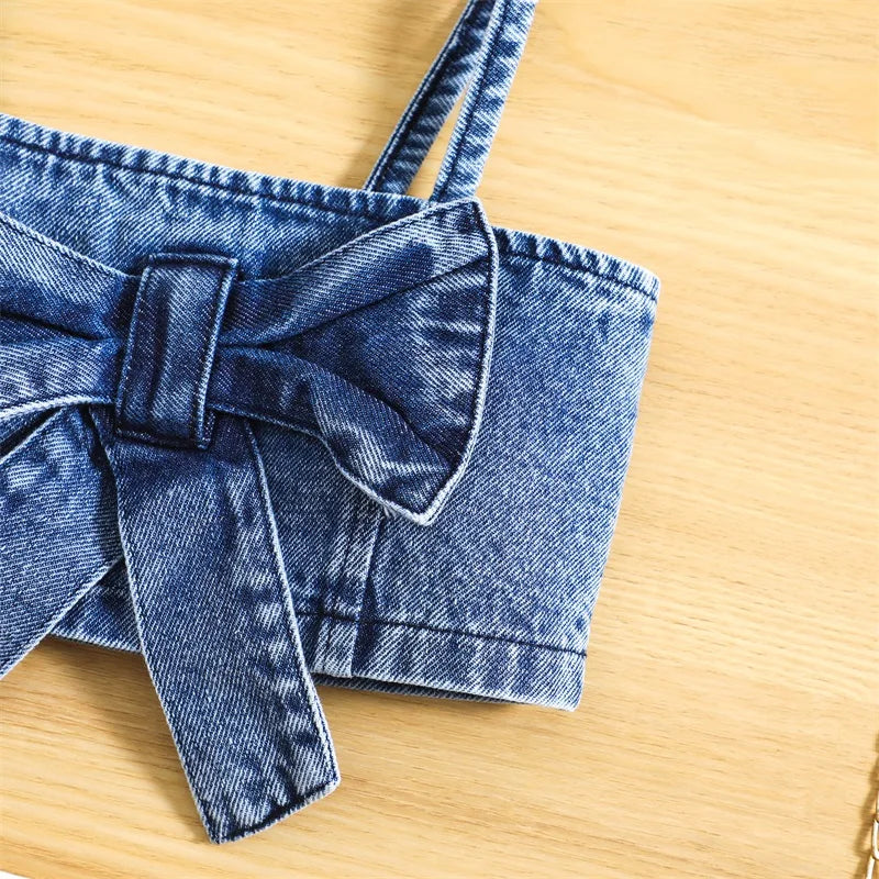 Summer Kids Girls Outfit Solid Color Sleeveless Bow Denim Camisole and Elastic Casual Skirt Shorts Clothes Set