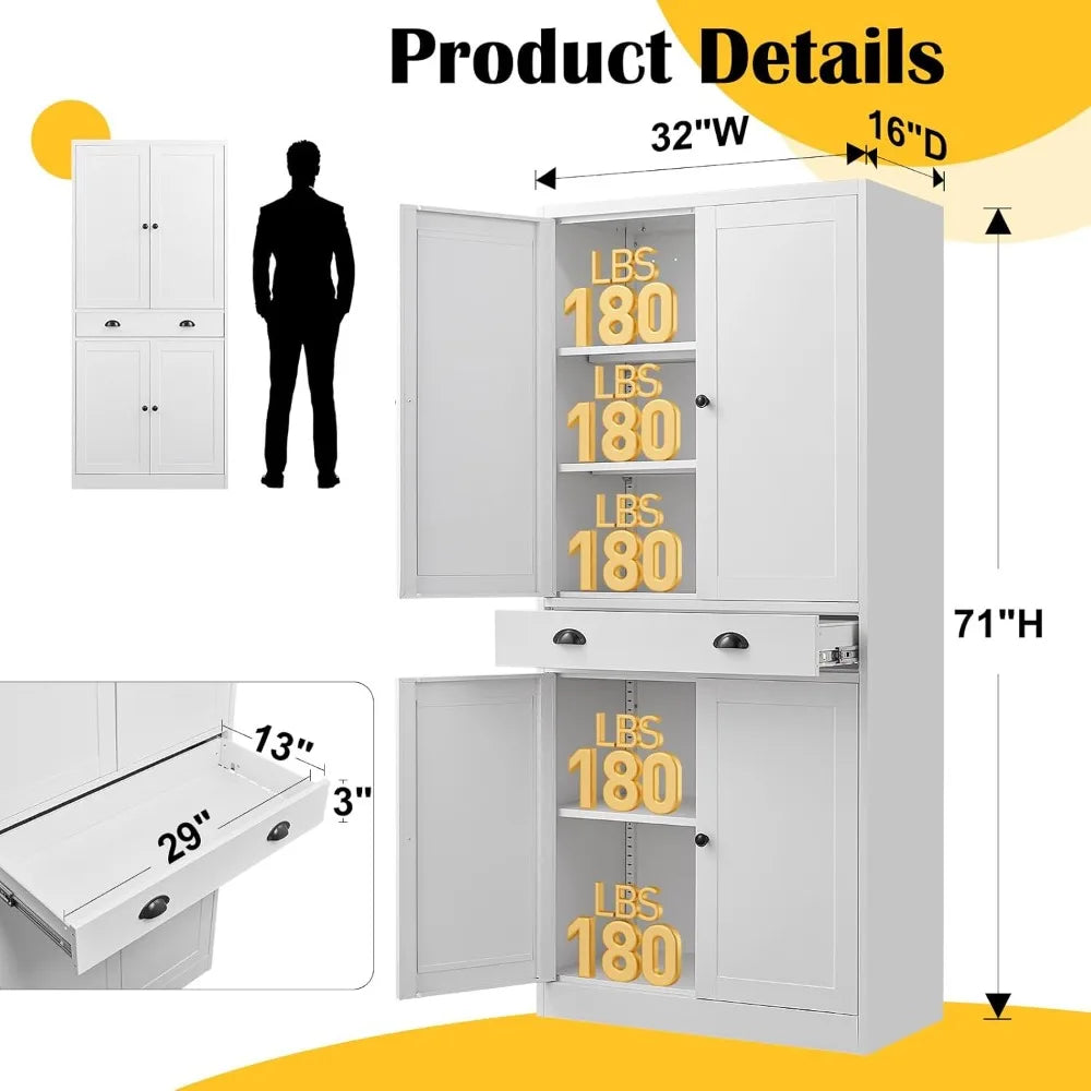 71” Food Pantry Storage Cabinet with Drawer,White Metal Kitchen Cupboard Cabinet with Doors and Adjustable Shelves