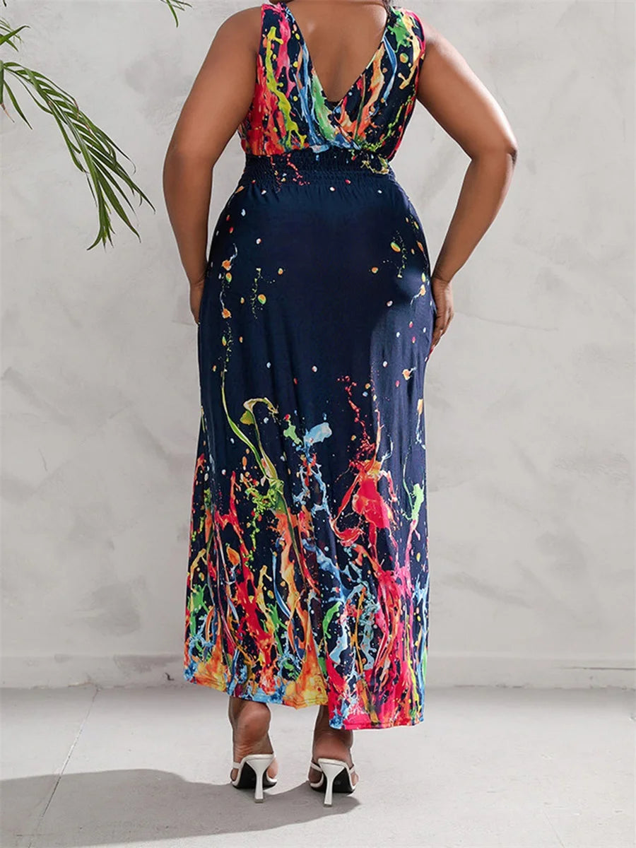 Women Plus Size Sleeveless Maxi Dress Casual Floral Print V-Neck Party Dress for Beach Club Streetwear Summer Fashion Trend