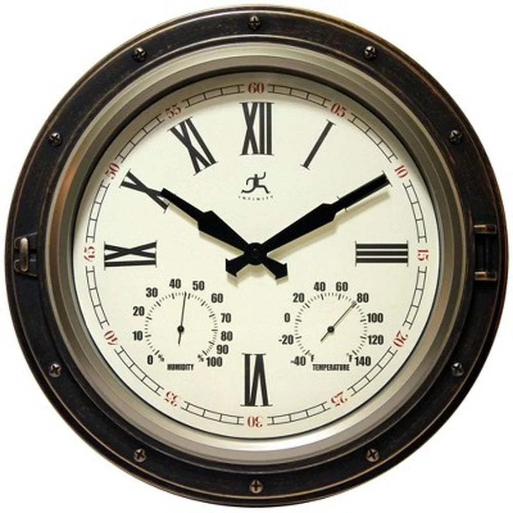 16 Inch Water Resistant Indoor Outdoor Wall Clock with Built-In Hygrometer Thermometer Bronze Finish Easy Read Analog Display