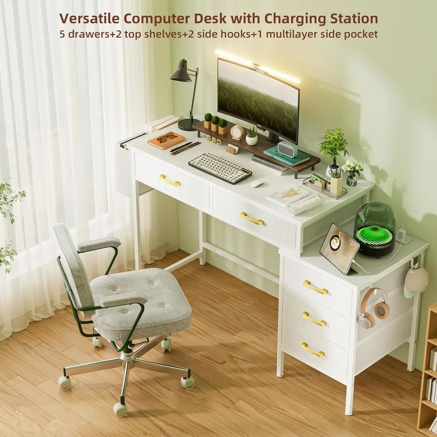 Computer Desk with Charging Station, Home Office Desks with Fabric Drawer File Cabinet Printer Stand, Vanity Desk, White