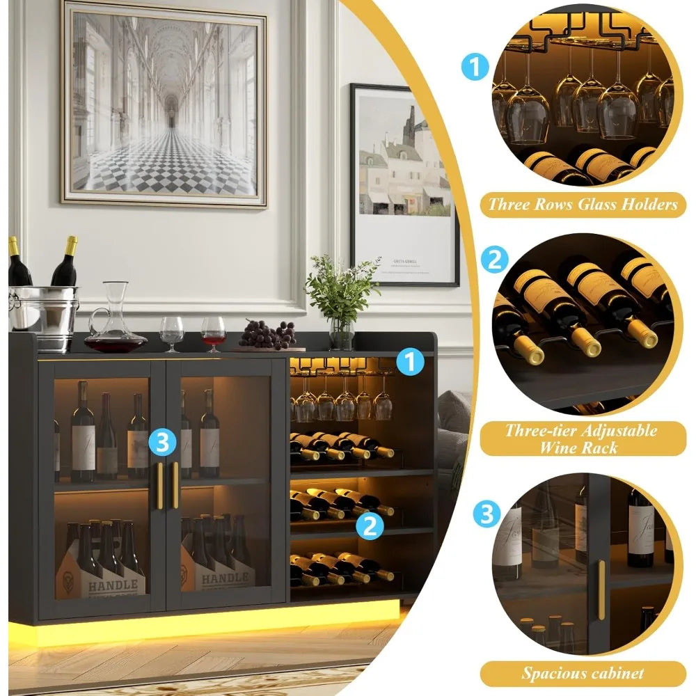 Wine Bar Cabinet with LED Lights, Floating Coffee Bar with Glass Rack and Removable Wine Racks, Modern Buffet Sideboard w