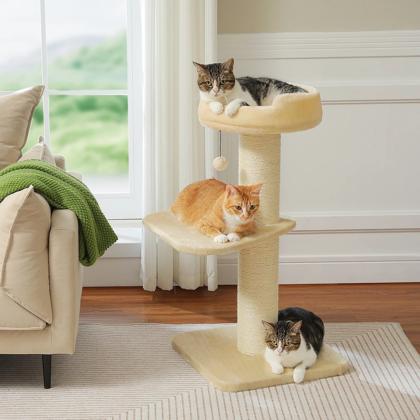 Cat Scratching Post for Large Cats, Small Cat Tree Tower with Thick Scratching Post, Top Bed, Indoor Tall Cat Scratcher, Cat Toy