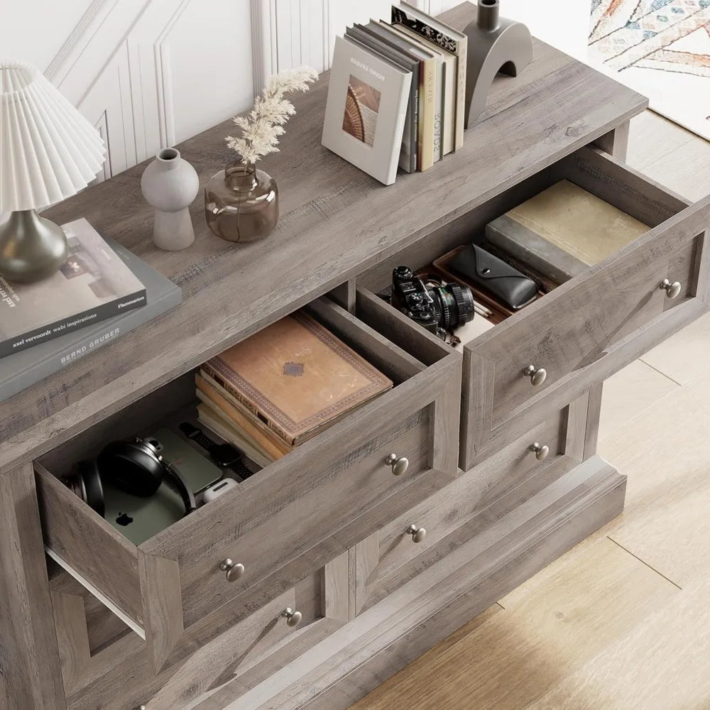 Modern 6 Drawer Double Dresser, Wood Dresser Chest, Wide Chest of Drawers with Deep Drawers & Mental Double Handles for Hallway